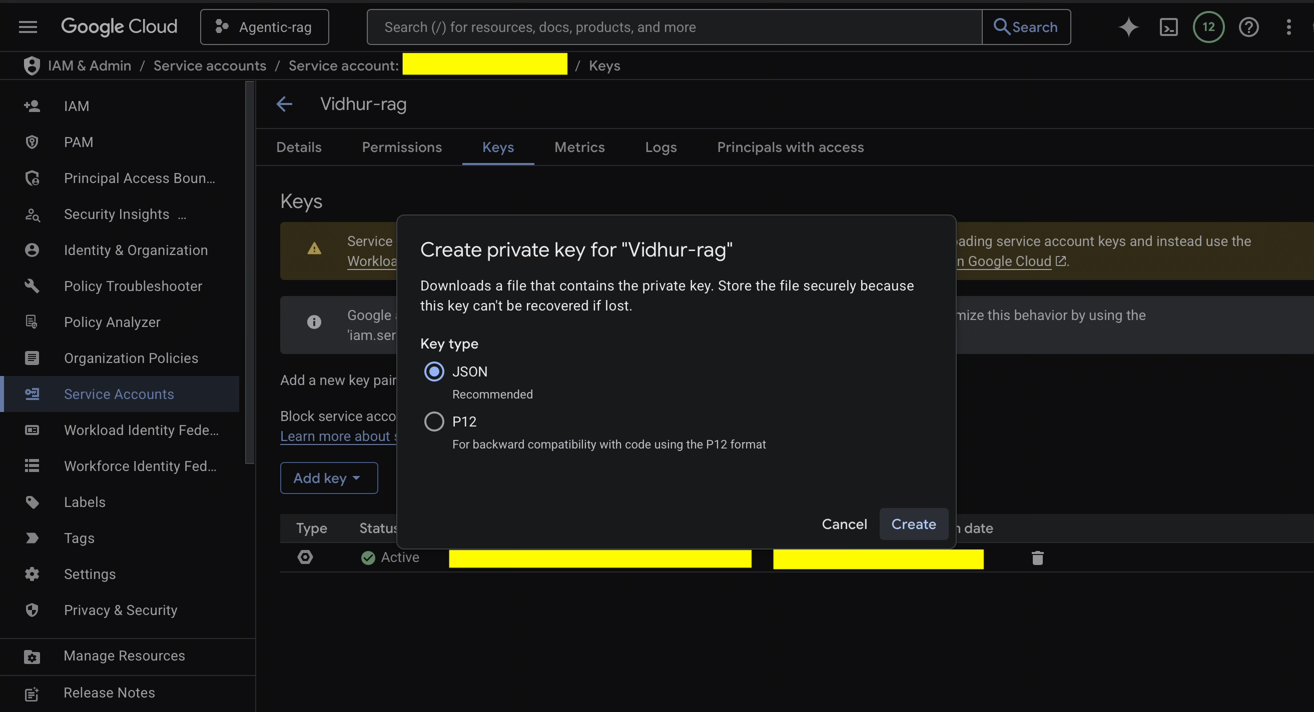 Vertex JSON Key Generation