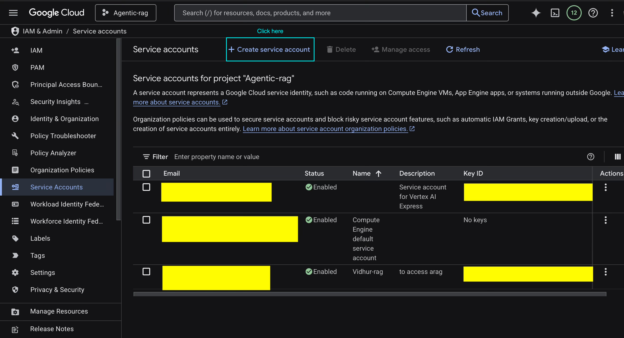 Google Vertex Service Account Creation Page